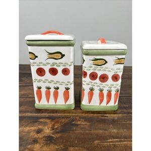 2 At Home ceramic canister‎ vegetable pattern Vintage kitchen decor